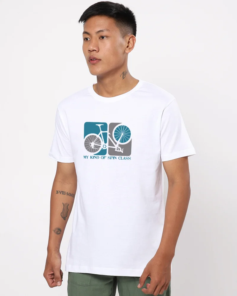 بيواكوف Men's White Cycle Graphic Printed T-shirt